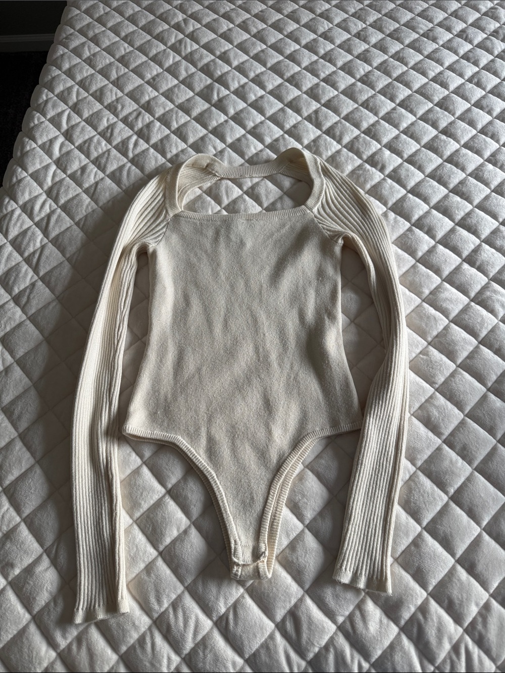 Forever 21 Cream Off-the-Shoulder Ribbed Bodysuit Sweater